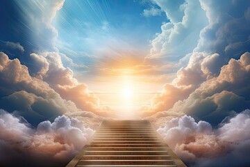  a stairway leading to a bright sky with clouds and a bright sun in the middle of the sky with stairs leading up to it. - obrazy, fototapety, plakaty