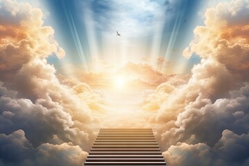  a stairway leading up to a sky filled with clouds and a bird flying over a stairway leading up to a sky filled with clouds and a stairway leading up to a sky filled with clouds. - obrazy, fototapety, plakaty