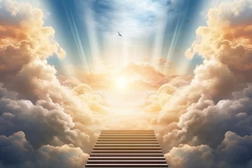 Foto op Canvas  a stairway leading up to a sky filled with clouds and a bird flying over a stairway leading up to a sky filled with clouds and a stairway leading up to a sky filled with clouds. © Nadia