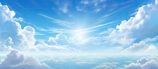 In the abstract design of a summer landscape, the light of the sun illuminates the breathtaking nature, as white clouds paint the blue sky with a stunning array of colors, creating a beautiful texture