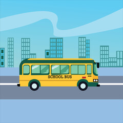 city life megalopolis cityscape scene with building and school bus vector illustration design, back to school with happiness and school bus and school with trees vector illustration graphic design