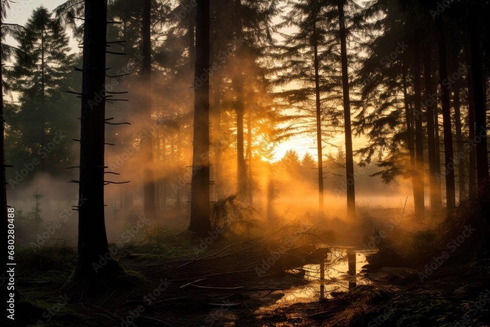 Poster the sun shines through the trees in a forest with water in the foreground and fog in the foreground.