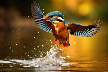 Naklejka premium a colorful bird landing on top of a body of water with its wings spread out and it's head above the water's surface.