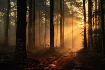  the sun shines through the trees in a foggy, forest - like area with a trail in the foreground.