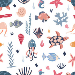 Seamless pattern of sea creatures, seaweed and corals, vector illustration in flat style, cartoon textile ornament