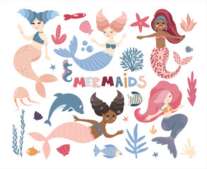 Set of swimming cute mermaids, sea plant, marine animals, corals and seaweed, vector hand drawn illustration