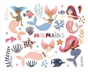 Set of swimming cute mermaids, sea plant, marine animals, corals and seaweed, vector hand drawn illustration
