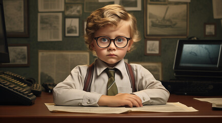 Child Detective in Vintage Office: Curly-Haired Youngster with Glasses Contemplating Clues, Nostalgic Detective Ambiance - obrazy, fototapety, plakaty