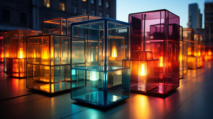 Colorful exposure of glass architectural forms.