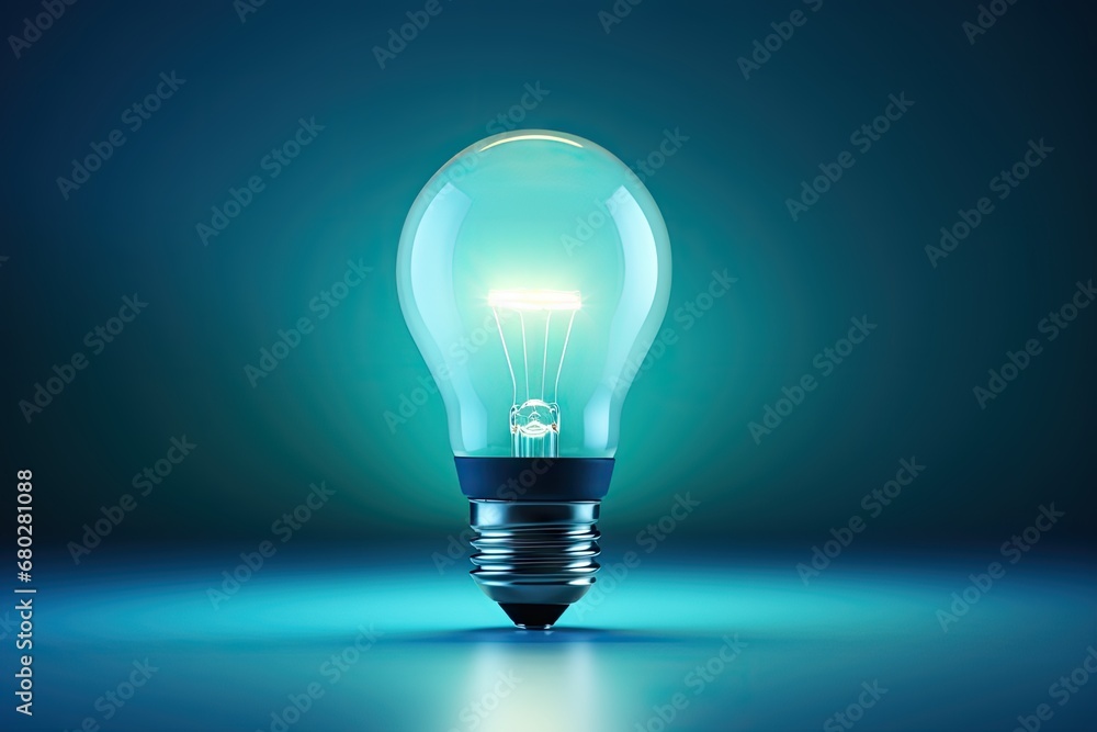 Poster a glowing light bulb on a blue background with a reflection of a light bulb on the bottom of the bul
