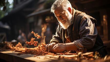Elderly male carpenter with a woodworking.