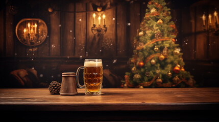 Holiday beer toast in a festive pub setting with Christmas tree backdrop. Generative AI