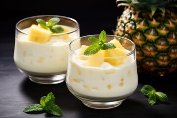 Obraz na płótnie Canvas two glasses of yogurt with a pineapple on the side and mint sprigs on the side.