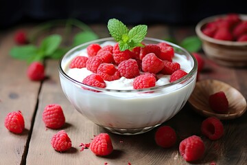  a bowl of yogurt with raspberries and mint on a wooden table next to two bowls of raspberries.