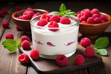  a bowl of yogurt with raspberries and mint leaves on a wooden table next to a bowl of raspberries.