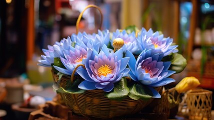 Obraz na płótnie Canvas Blue lotus flowers in a basket on wooden table in a shop. Spa Concept. Springtime concept with copy space.