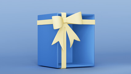 3D render illustration. Empty stand or blank gift box to showcase products. Open blue box with a yellow bow on a blue background. Birthday, Valentine's Day, New Year, Women's Day,Black Friday.