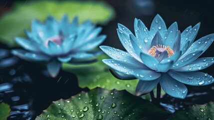 Blue water lily with rain drops on the petals, nature background. Spa Concept. Springtime concept with copy space.