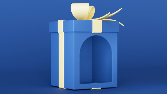 3D render illustration. Empty stand or blank gift box to showcase products. Open blue box with a yellow bow on a blue background. Birthday, Valentine's Day, New Year, Women's Day,Black Friday.