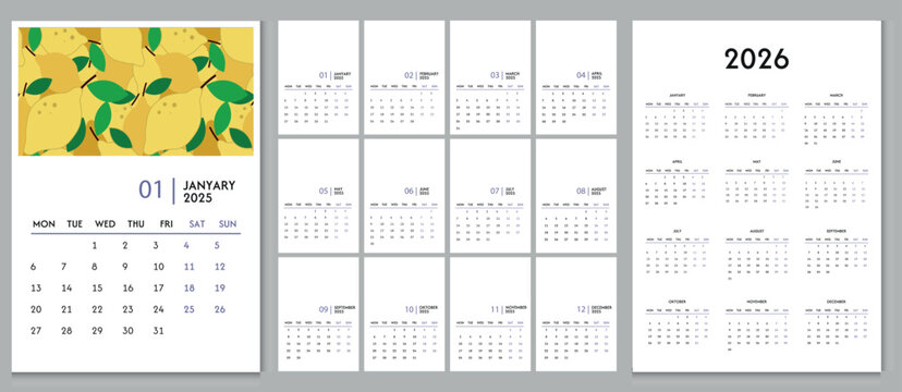 the template is a folding calendar with a place for a print for 2025. minimalistic modern design with weekends marked in blue. calendar sheet for 2026