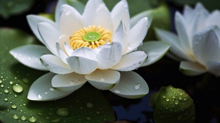 White lotus flower with water droplets on the petals. Spa Concept. Springtime concept with copy space.