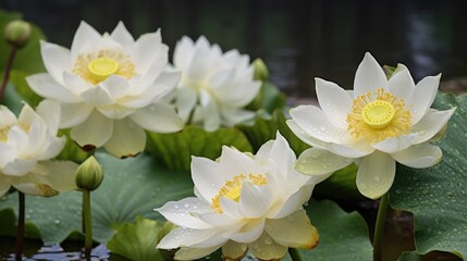 Beautiful white lotus flower blooming in the pond with green leaves. Spa Concept. Springtime concept with copy space.