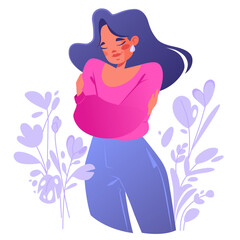 Happy girl smiling peacefully and hugging herself with two arms around her body. Concept of psychology, self love, care and support, mental health. Vector cartoon illustration.