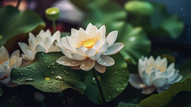 Beautiful white lotus flower with green leaves in the pond. Spa Concept. Springtime concept with copy space.