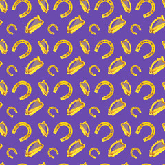 Watercolor seamless pattern with horseshoes and harps. Illustrations with metal and natural texture in vintage style isolated on purple background