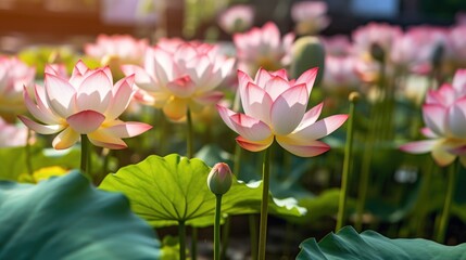 Beautiful lotus flower blooming in the pond with sunlight. Spa Concept. Springtime concept with copy space.