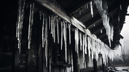 Icicles hanging from the roof of a wooden house in winter.