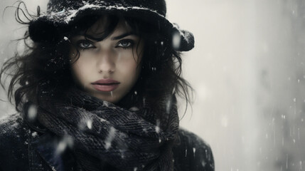 Winter portrait of beautiful young woman in hat and scarf. Snowfall.