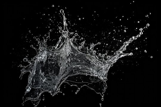  a black and white photo of a splash of water on a black background with a drop of water coming out of it.