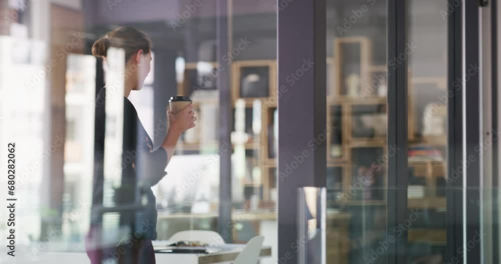 Poster Coffee cup, glass window and happy professional woman drinking hot chocolate, warm coco or morning beverage. Wellness, happiness and relax business agent with matcha green tea, latte or cacao liquid