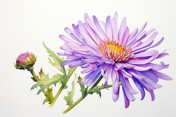  a watercolor painting of a purple flower with a yellow stamen on it's stem and a white background.