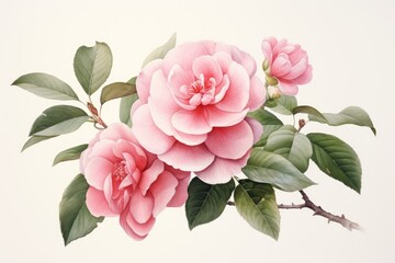  a painting of three pink flowers on a branch with green leaves on a white background with a white back ground.