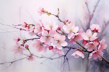  a painting of pink flowers on a branch with white and pink flowers in the middle of the branch, on a white and pink background.