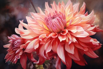  a painting of a pink and yellow flower on a black and white background with a blurry background behind it.