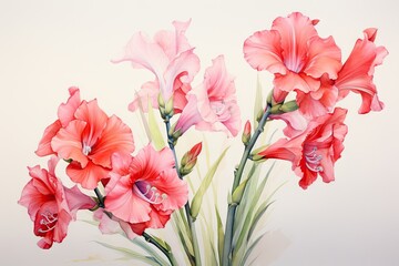  a painting of pink flowers in a vase with watercolors on a white wall behind the vase is a painting of pink flowers with watercolors on a white background.