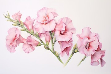  a painting of pink flowers on a white background with a green stem in the center of the picture is a single stem of pink flowers in the foreground.