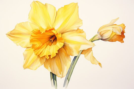  a painting of two yellow daffodils on a white background, one of which is open and the other is closed.