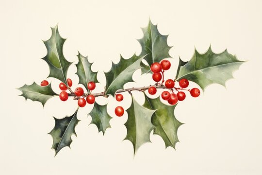  a watercolor painting of a holly branch with red berries and green leaves, on a white background, with red berries and green leaves.