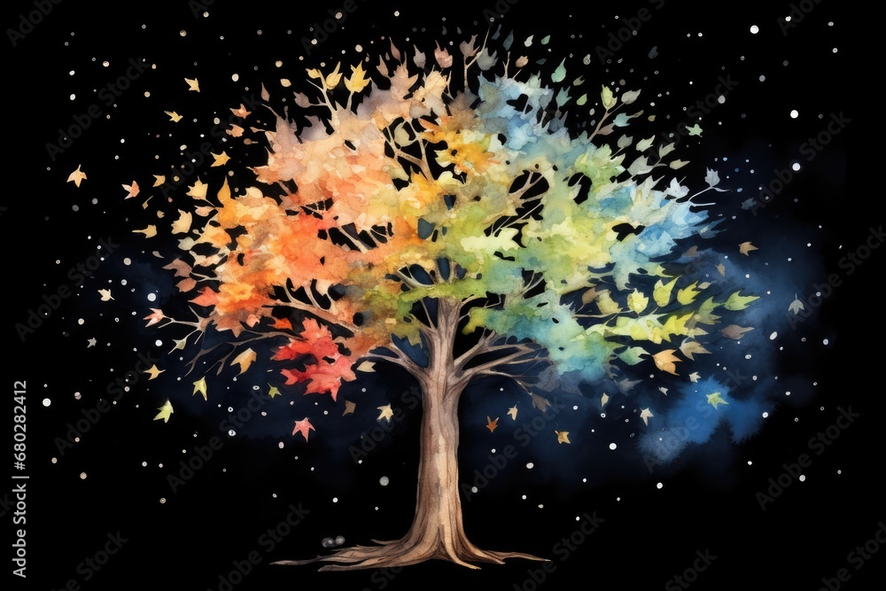 Aufkleber a painting of a tree with multicolored leaves in the shape of a heart on a black background with sta