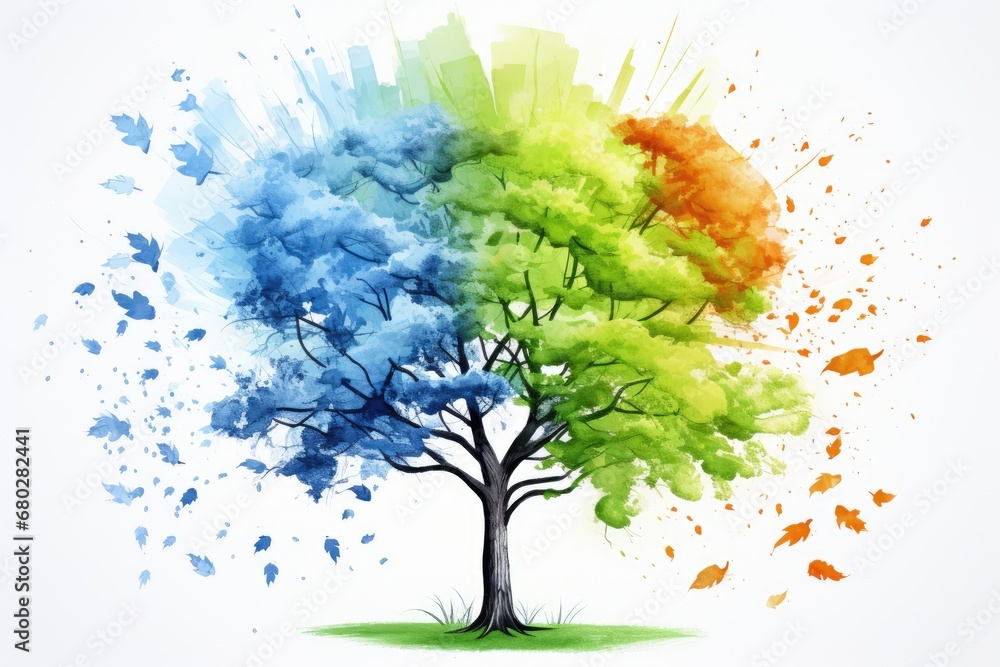 Poster a painting of a tree with different colors of paint splattered on the tree's leaves and branches.
