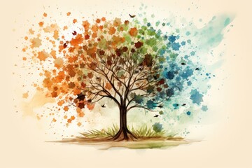  a watercolor painting of a tree with lots of leaves on it's branches and a bird flying in the sky.