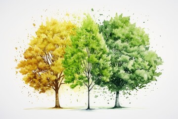  three trees are painted in different colors of green, yellow, and red, each with a different amount of leaves. - obrazy, fototapety, plakaty