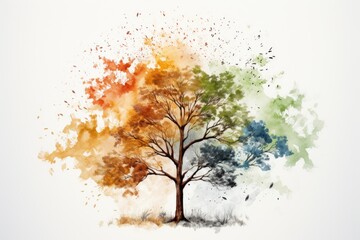  a watercolor painting of a tree with multicolored leaves in the shape of a rainbow on a white background.