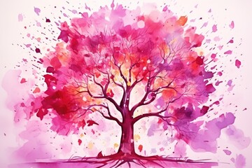  a watercolor painting of a pink tree with lots of leaves on it's branches and a pink sky in the background.