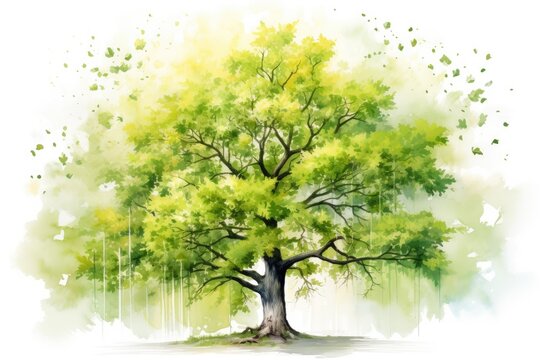  a watercolor painting of a green tree with lots of leaves on it's branches and a white background.