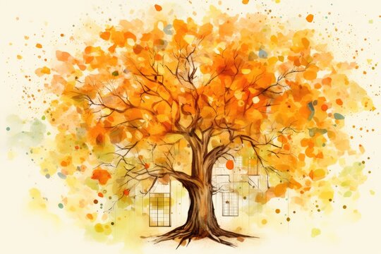  a watercolor painting of a tree with lots of leaves on it's branches and a house in the background.